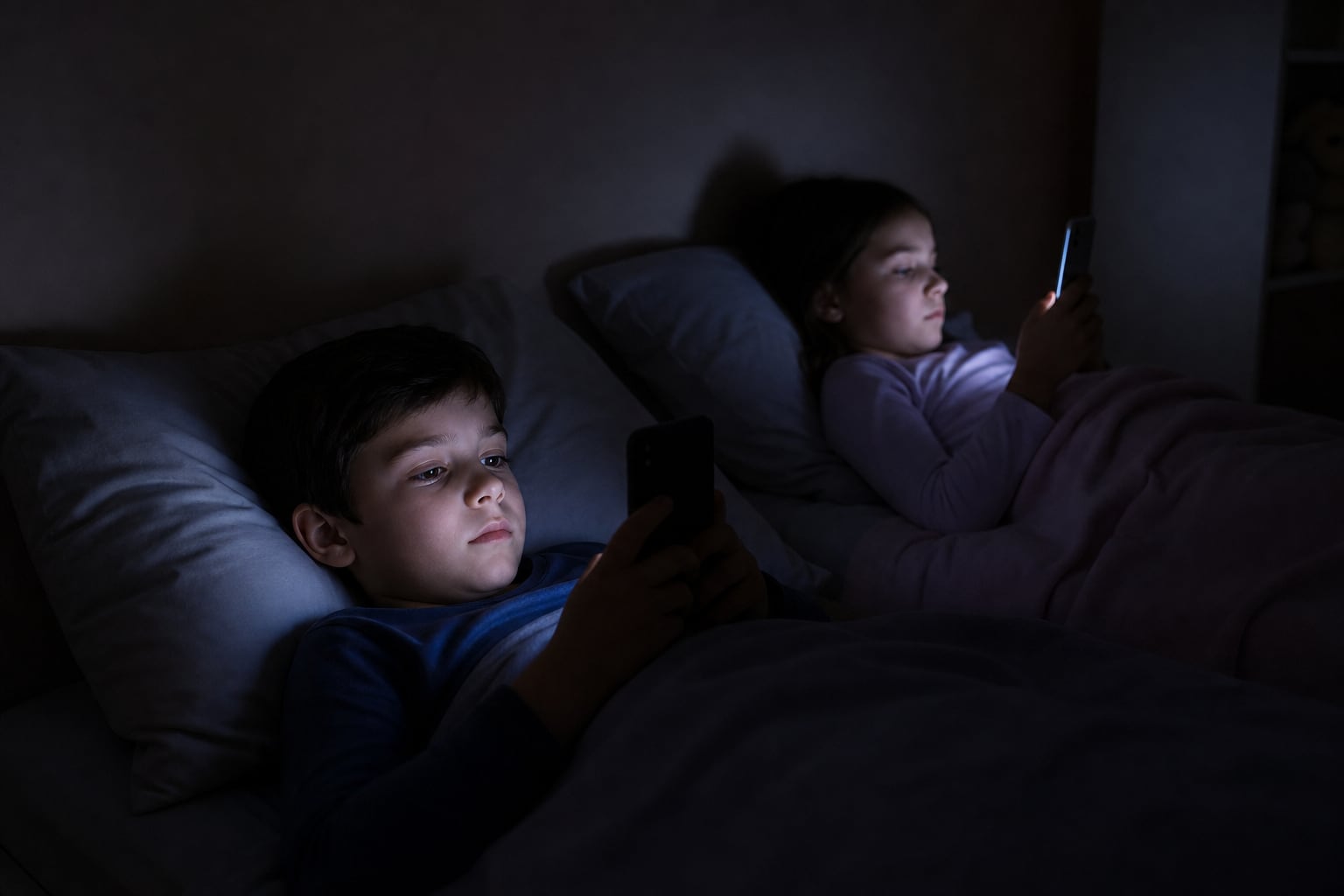 Dos niños observan las pantallas iluminadas de sus teléfonos móviles en una habitación a oscuras antes de dormir. (Imagen Ilustrativa Infobae)