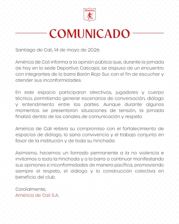 Los "Diablos Rojos" explicaron el principal motivo por el cual la barra del Barón Rojo Sur estuvo presente en la sede de Cascajal-crédito Jefatura de Prensa del América de Cali