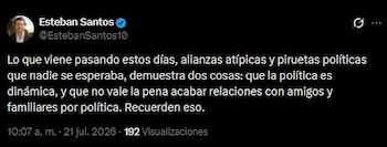 Publicación de Esteban Santos en X, en la que aseguró que “la política es dinámica” tras los recientes acuerdos entre sectores del uribismo y el petrismo - crédito Esteban Santos/X