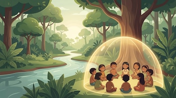 Ilustración de un grupo de niños sentados en círculo bajo una cúpula de luz brillante en un entorno natural de la Amazonía con árboles y un río.