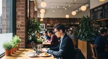 Vista lateral de un hombre con gafas trabajando en una laptop sobre una mesa de madera en una cafetería llena de gente, con plantas y luz natural.