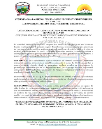 Según denunciaron, el ataque con explosivos ocurrió horas después de la entrega de cinco civiles que permanecían retenidos por disidencias de las Farc - crédito @CRIC_Cauca/X