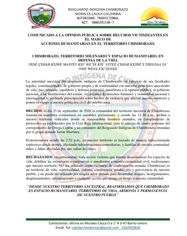 Según denunciaron, el ataque con explosivos ocurrió horas después de la entrega de cinco civiles que permanecían retenidos por disidencias de las Farc - crédito @CRIC_Cauca/X