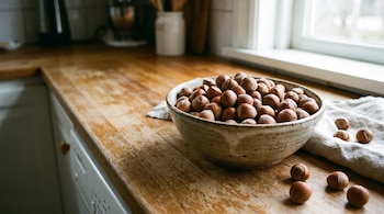 Cuenco de cerámica con avellanas enteras sobre una mesada de madera, con frutos sueltos alrededor y un paño de tela.