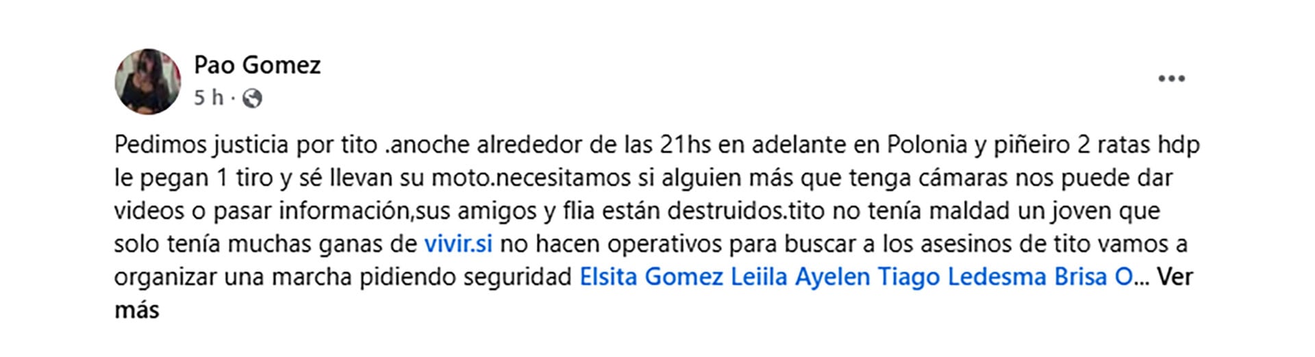 “Tito no tenía maldad. Tenía muchas ganas de vivir”, compartió una conocida de la víctima (Facebook/@Pao Gomez)