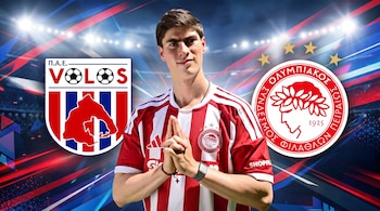 Un jugador con camiseta de franjas rojas y blancas posa al centro, flanqueado por el escudo del Volos a la izquierda y del Olympiacos a la derecha.