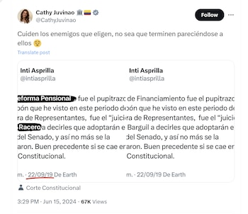 Catherine Juvinao criticó a Inti Asprilla por cuestionar aprobación de reforma tributaria - crédito @CathyJuvinao/X
