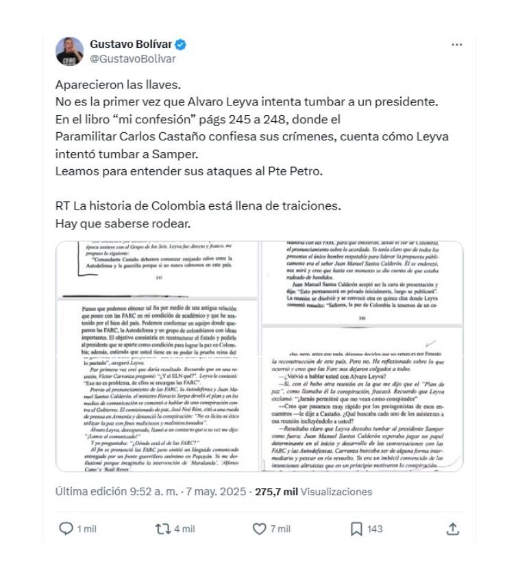 Gustavo Bolívar y los fragmentos del libro de Carlos Castaño que retratan a Álvaro Leyva y la vez que intentó tumbar al expresidente Ernesto Samper - crédito @GustavoBolivar/X