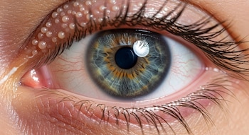 Primer plano de un ojo humano. El párpado superior muestra múltiples protuberancias blanquecinas. Iris azul y marrón, con vasos sanguíneos rojos en la esclera.