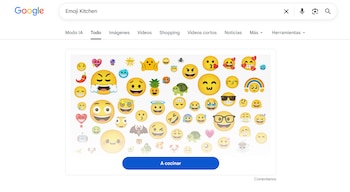 Pantalla de búsqueda de Google con el logo, la barra "Emoji Kitchen", una cuadrícula de emojis variados y un botón "A cocinar"