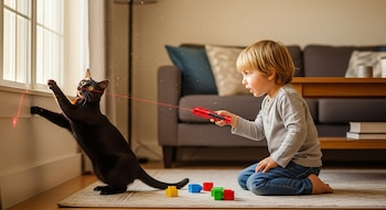 Niño pequeño rubio en el suelo con un puntero láser rojo, apuntando a un gato negro que se estira junto a una ventana. Bloques de juguete en el suelo de la sala.