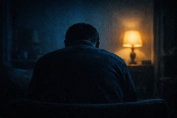 Una persona sentada de espaldas en una habitación oscura con una lámpara encendida al fondo. Se observa grano de película y un efecto de luz fría.
