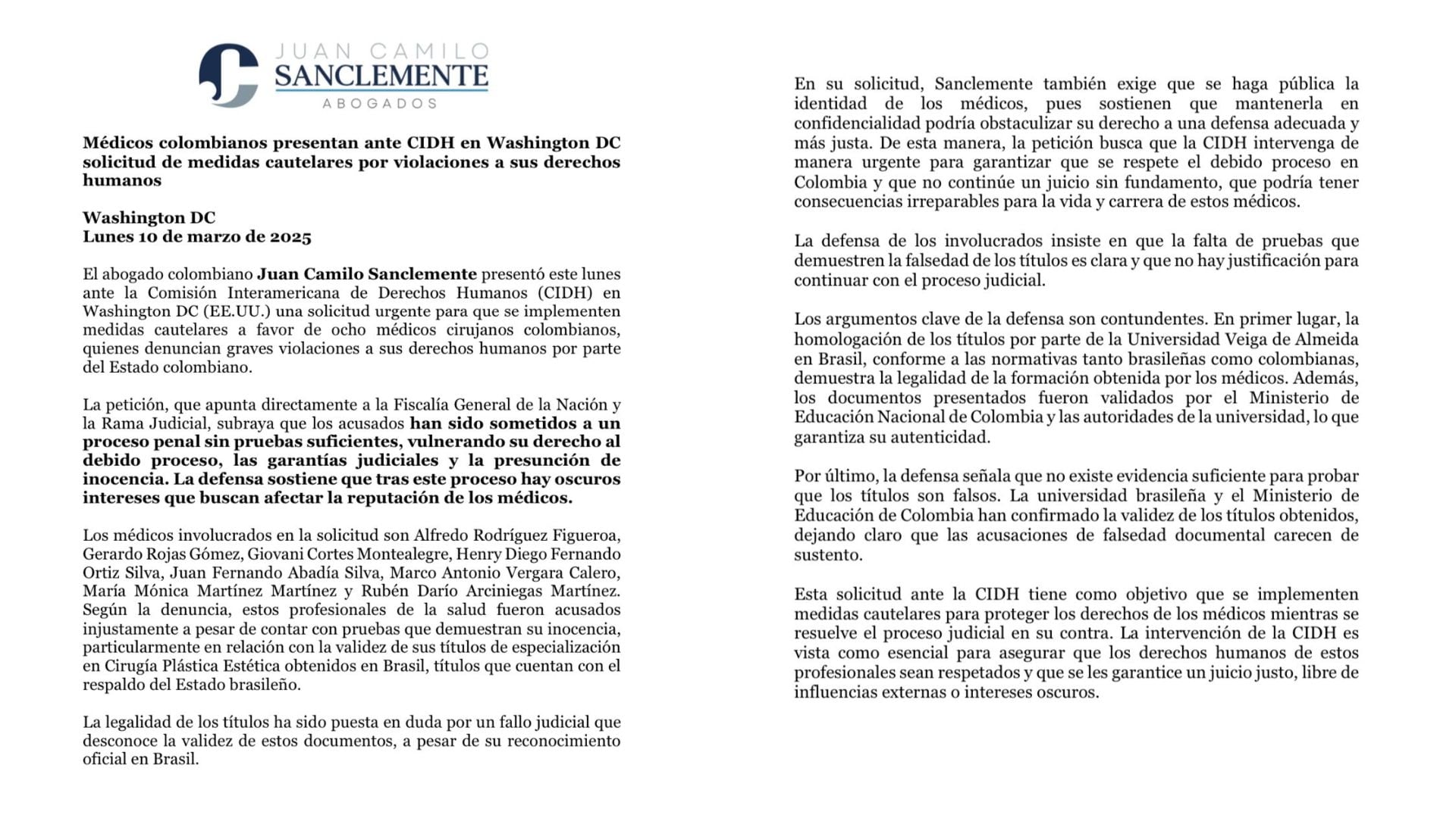 Entre las críticas de la defensa de los médicos cirujanos se encuentra la supuesta omisión de pruebas clave por parte de la Fiscalía y los tribunales - crédito @camilosanclemen/X