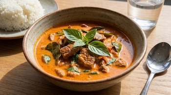 Un plato de Panang curry de color naranja rojizo con trozos de carne y hojas verdes, acompañado de arroz blanco y un vaso de agua sobre una mesa de madera clara.