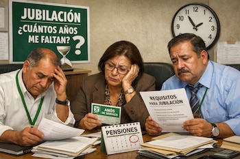 Tres personas en un escritorio con papeles sobre jubilación, un cartel de "Jubilación ¿Cuántos años me faltan?", un reloj y un calendario.