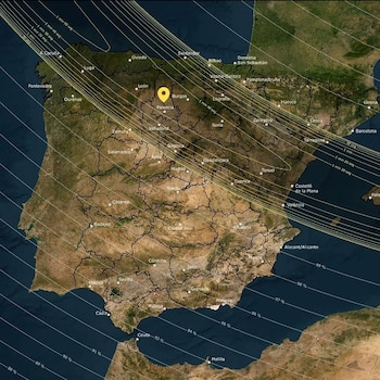Ubicación de Paredes de Nava en referencia a la observación del eclipse en su totalidad. (AstroParedes)