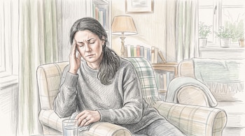 Ilustración a color de una mujer sentada en un sillón sujetándose la cabeza junto a un vaso de agua.