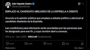 Iván Cepeda solicita un debate presidencial a Abelardo de la Espriella antes de la segunda vuelta del 21 de junio - crédito X