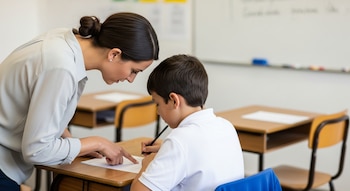 Una maestra, de espaldas parciales, asiste a un estudiante que escribe en un examen sobre un pupitre de madera, ambos sin mostrar sus rostros.