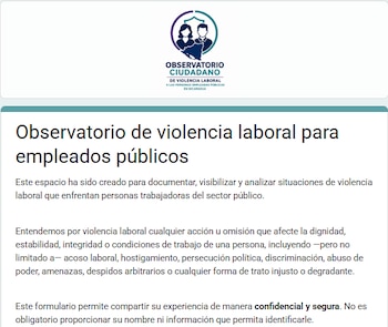 nterfaz del nuevo Observatorio de Violencia Laboral. La herramienta utiliza canales encriptados para que los funcionarios nicaragüenses puedan reportar abusos, como deducciones salariales forzadas, sin exponer su identidad.