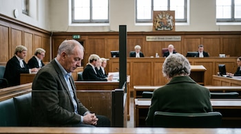 Un hombre sentado en la sala de un tribunal con jueces al fondo y una mujer vista de espaldas en primer plano.