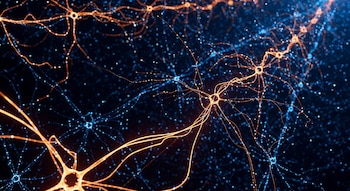 Visualización abstracta de una red de nodos y filamentos luminosos naranjas y azules contra un fondo oscuro, con un efecto de profundidad de campo y múltiples conexiones ramificadas.