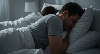 Hombre acostado de lado en la cama con una almohada, con los ojos cerrados, en una habitación oscura; una mujer yace detrás de él.