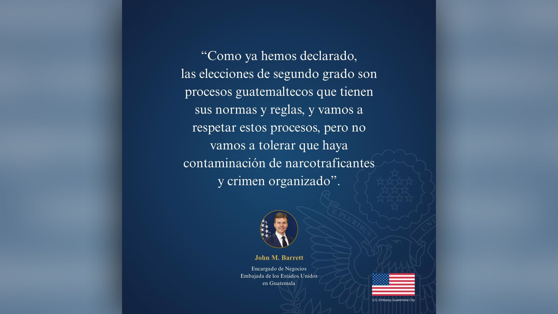 Encargado de negocios de EE.UU., John Barrett, se pronuncia sobre las elecciones de segundo grado en Guatemala. (Cortesía: US Embassy Guatemala)
