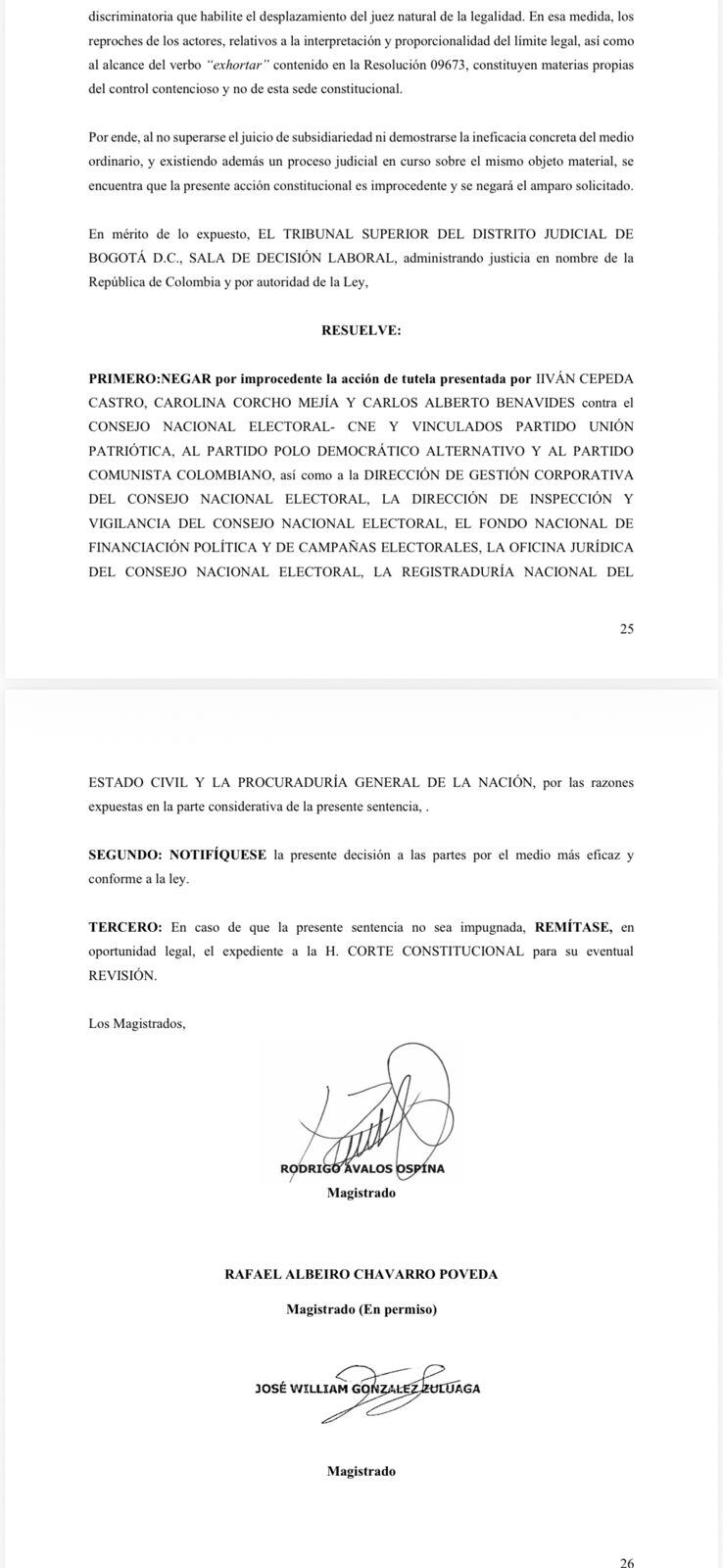 El Tribunal determinó que ya existe un proceso contencioso en curso sobre el mismo asunto - crédito Tribunal Superior de Bogotá