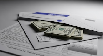 Sobre de impuestos abierto con fajos de billetes de cien dólares estadounidenses y documentos financieros en una mesa con iluminación suave.