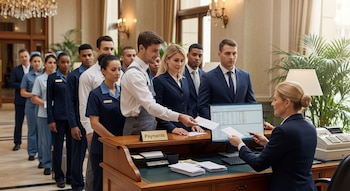 Vista frontal de un grupo diverso de empleados de hotel en uniforme esperando en fila. Un hombre entrega un documento a una mujer en un mostrador de pagos.