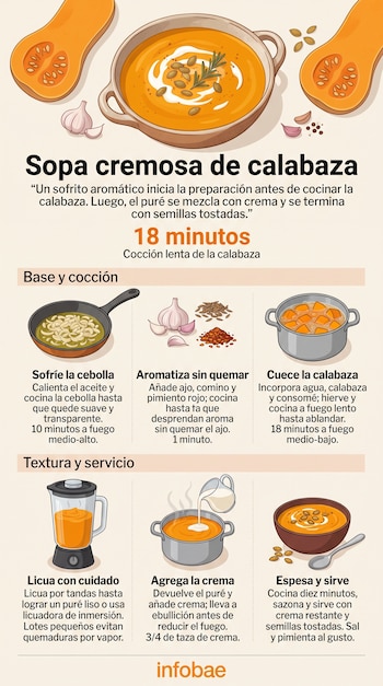 Infografía con ilustraciones de calabazas, sartén con cebolla, especias, ollas, licuadora y un plato hondo con sopa decorada con semillas.