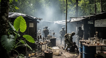 Militares armados con cascos y uniforme de camuflaje en un laboratorio ilegal de drogas en la selva, deteniendo a una persona. Hay barriles azules y equipo de química.