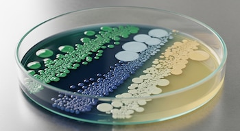 Una placa de Petri de cristal sobre una superficie metálica contiene colonias microbianas de colores verde, azul, blanco y amarillo en dos secciones.