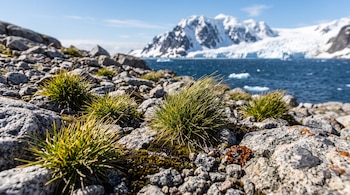 Matas de pasto verde entre rocas grises en primer plano, con el mar y montañas nevadas al fondo.