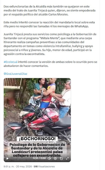 El alcalde de Landázuri, Carlos Morales, no ha hecho un pronunciamiento oficial luego de la pelea - crédito @lorenzolizarazo/X