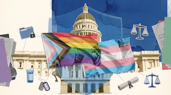 Collage con las banderas LGBTQ+ y trans sobre la silueta del Capitolio de California, junto a recortes de documentos, medicinas y una balanza.