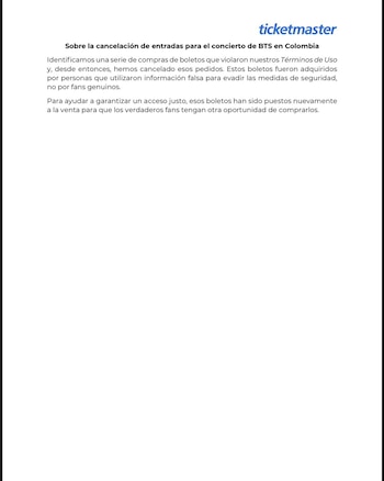 Ticketmaster responde a los fans de BTS y anuncia una nueva venta de entradas tras el escándalo - crédito @musictrendscol/X