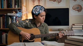 Un joven toca una guitarra acústica sentado en un escritorio con partituras. Detrás hay estanterías, diagramas cerebrales y un monitor de computadora apagado.