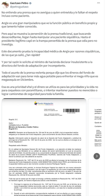 Gustavo Petro pidió el retiro inmediato de Rodríguez del Fondo de Adaptación por gestión cuestionada - crédito @petrogustavo/X