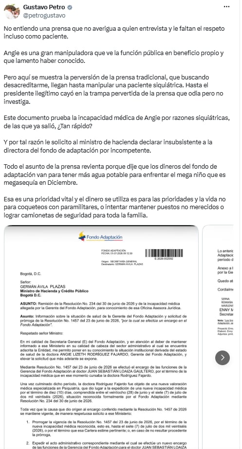 Gustavo Petro pidió el retiro inmediato de Rodríguez del Fondo de Adaptación por gestión cuestionada - crédito @petrogustavo/X