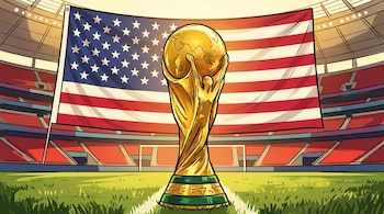 Ilustración del trofeo de la Copa Mundial de la FIFA en el centro de un campo de fútbol, con una gran bandera de Estados Unidos desplegada en el fondo del estadio.