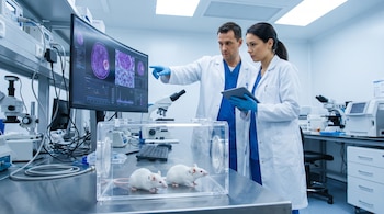 Dos científicos en batas blancas, uno señala una pantalla con imágenes médicas, una mujer sujeta una tableta, y dos ratones blancos en un recinto transparente.