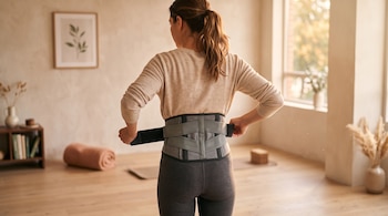 Una mujer vista de espaldas ajusta una faja lumbar gris sobre su ropa en una habitación con piso de madera y una ventana.