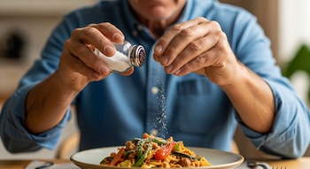 Primer plano de las manos de un hombre agregando sal de un salero y con los dedos sobre un plato de pasta con vegetales. La cara no es visible.