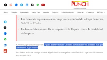 El diario Punch de Nigeria resaltó que su selección, resistió una parte del partido con una jugadora menos que Colombia - crédito Punch/Web
