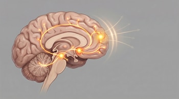 Ilustración de cerebro humano de perfil sobre fondo gris. Rutas luminosas naranja y amarillo recorren áreas, con destellos y flechas proyectándose desde el frente.
