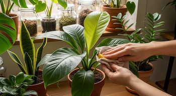 Manos limpian una hoja de planta de interior con un paño y cáscara de banana; otras plantas y frascos decorativos se ven en el fondo cerca de una ventana.