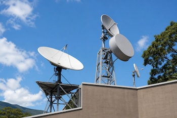 Antenas parabólicas de metal blanco instaladas sobre estructuras metálicas en la azotea de un edificio bajo un cielo azul con nubes.