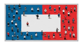 Ilustración de tablero rectangular con bloques azul y rojo llenos de figuras humanas agrupadas. Franja central gris clara con figuras dispersas.